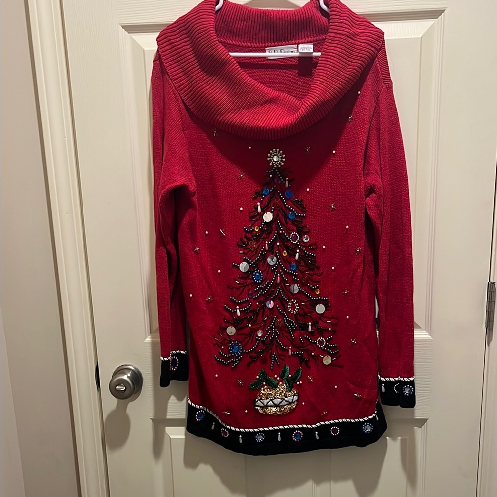 Festive Red Sweater with Christmas Tree Design
